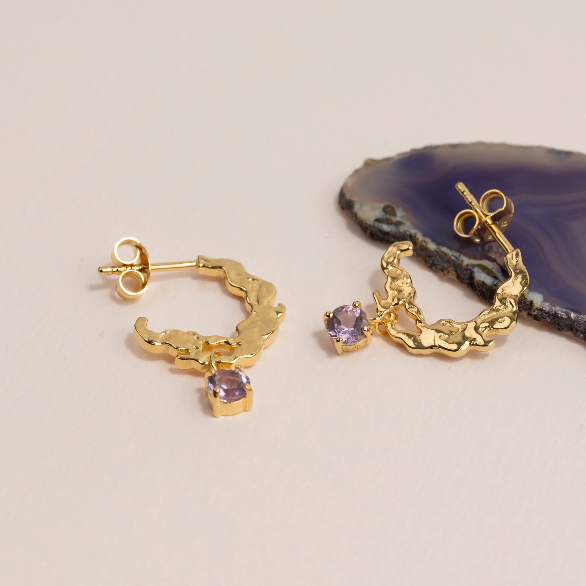 EMILIA PURPLE AMETHYST GOLDEN CREOL EARRING - Image 2