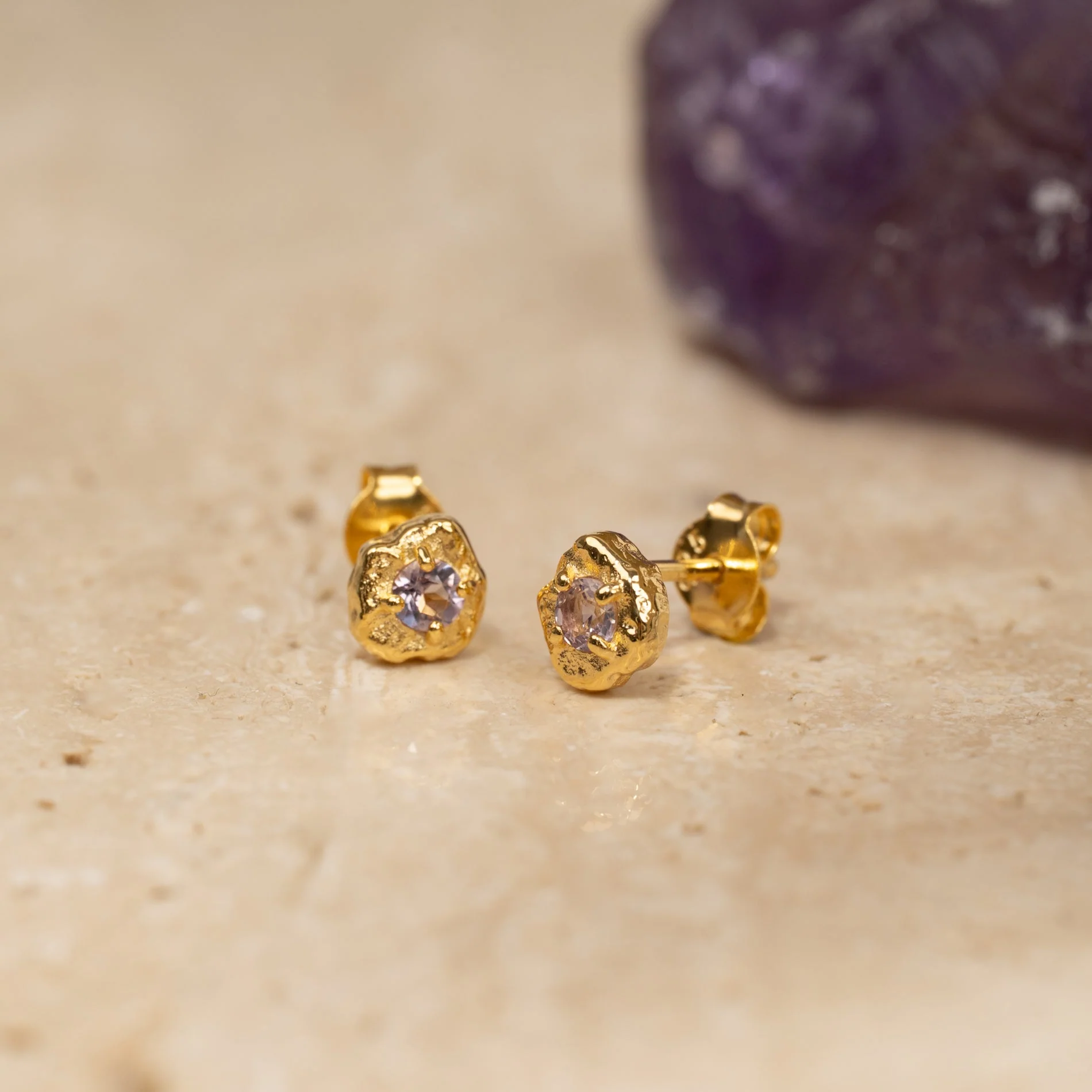 EMILIA PURPLE AMETHYST GOLDEN STUD EARRING - Image 3