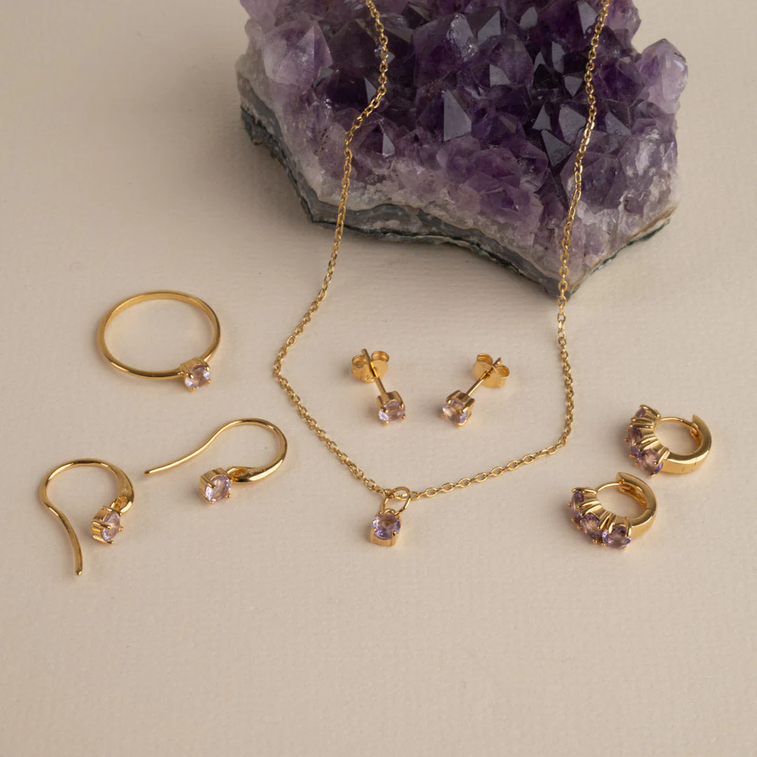GEMMA PURPLE AMETHYST GOLDEN STUD EARRING - Image 9